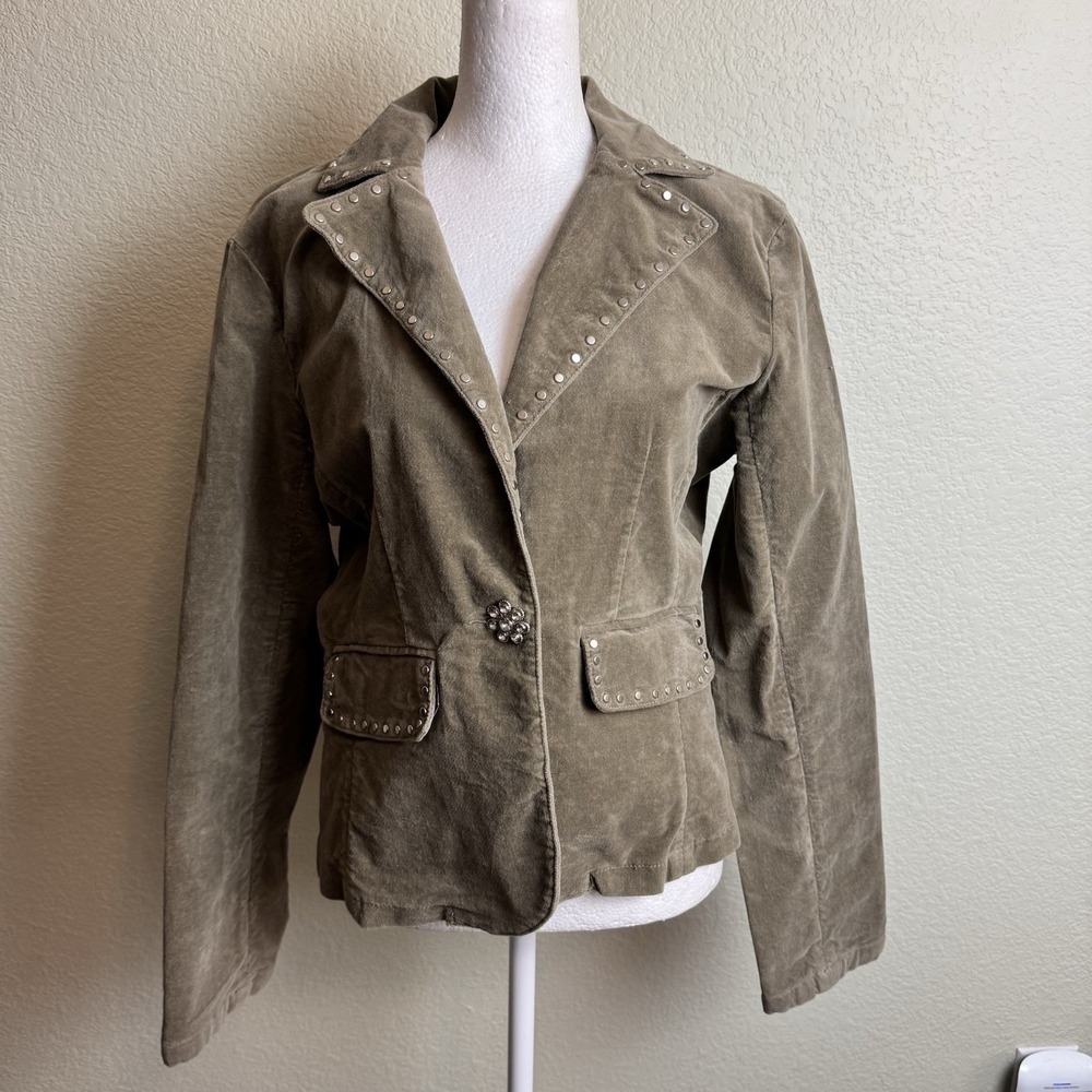 Access Jeans Women's Green Velvet Blazer Bling‎ AC-3998 Stretch SZ L Embellished